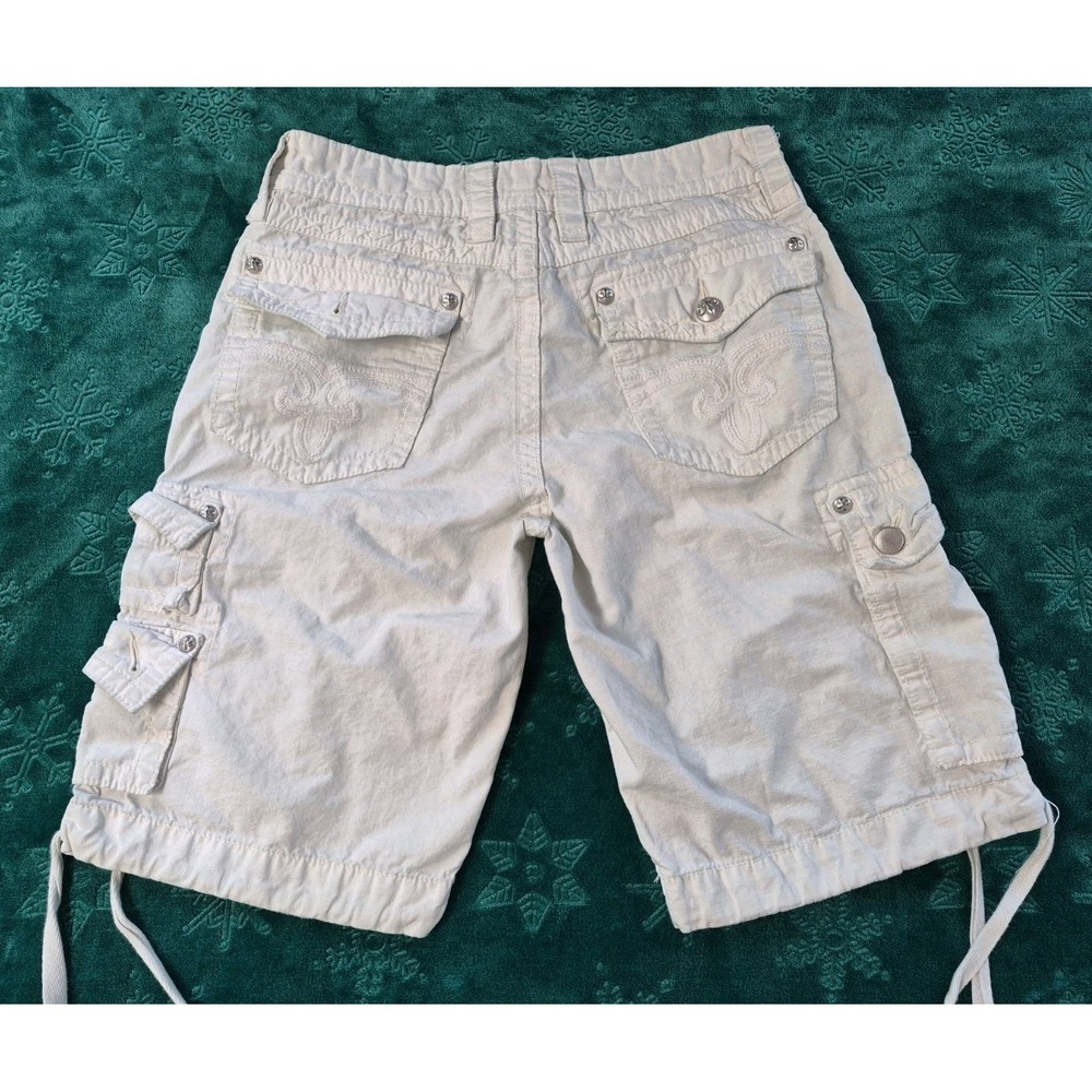 Rock Revival Cargo Shorts Men's 31x24 White Cotton Fleur De Lis Y2K Embroidered